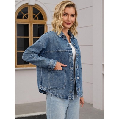 INSPIRE CHIC Women's Denim Long Sleeve Button Down Casual Western Shacket with Pockets Jean Jackets Gray Blue Medium — фото 2