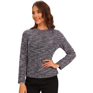 Allegra K Women's Tweed Zipper Back Long Sleeve Crew Neck Elegant Basic Blouse - 1 of 4