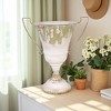 Rustic Shabby Chic Metal Trophy Planter with Handles, Vintage Pedestal Flower Pot, Aged Green & White Distressed Finish - 3 of 4