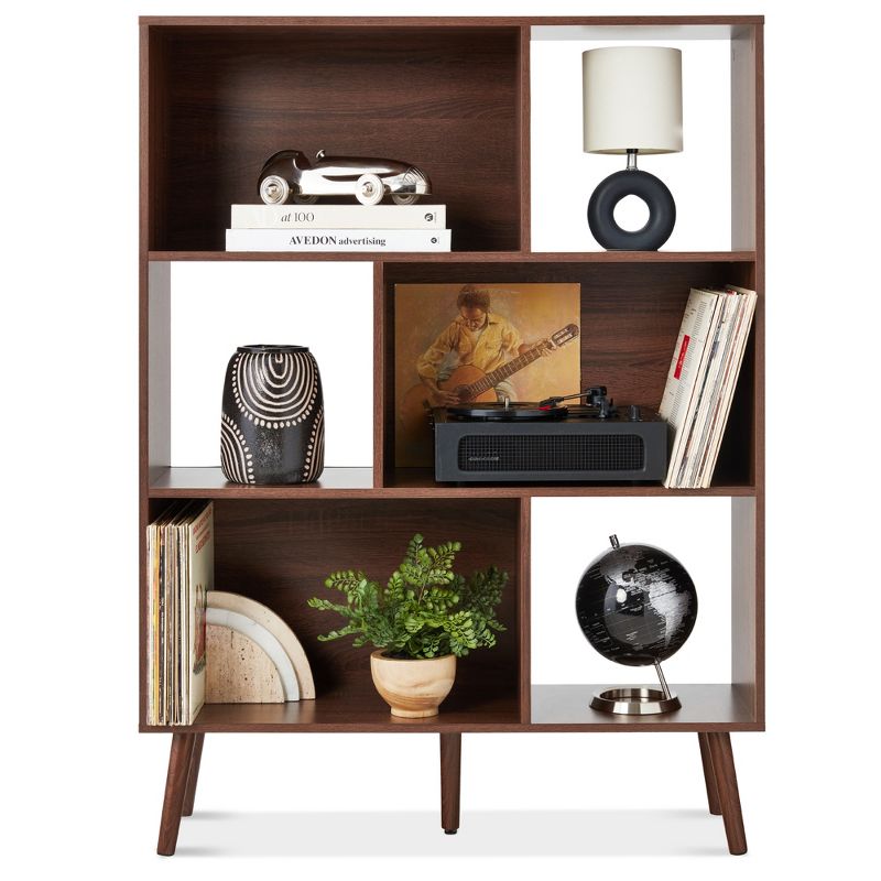 Best Choice Products  3-Tier Mid-Century Modern Wooden Bookcase w/ Removable Back Panels, Offset Pine Legs, 1 of 9