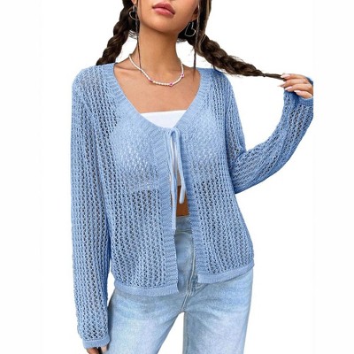 Womens Lightweight Crochet Cardigan Tie Front Shrugs Knit Cardigan Crop Tops Long Sleeve Mesh Sweaters Summer Beach Cover Up - Sky Blue S