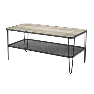Industrial Hairpin Leg Coffee Table with Metal Mesh Shelf Gray Wash - Saracina Home, Gray Blue