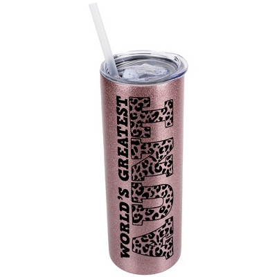 Elanze Designs Leopard Pattern Bubblegum Pink 20 Ounce Double Wall Stainless Steel Glitter Travel Tumbler With Sliding Lid And Straw, World's Greatest