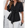 Women's Textured Wrap V Neck Ruffle Short Sleeve Ruched Blouse Tie Front Tunic Tops - 3 of 4