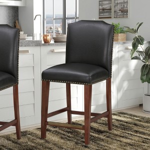 Faux Leather Counter Stool with Scalloped Back and Antique Brass Nail Heads, Espresso Hardwood Base with Kick Plate - 1 of 4