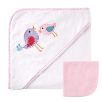 Luvable Friends Baby Girl Hooded Towel and Washcloth, Pink Bird, One Size