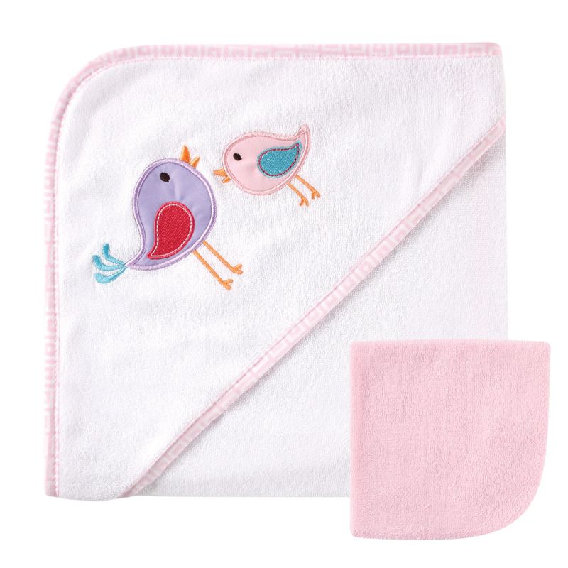 Luvable Friends Baby Girl Hooded Towel and Washcloth, Pink Bird, One Size, 1 of 3