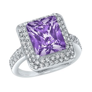 Large Radiant-Cut Cubic Zirconia Double Halo Silver Ring - ELYA Women's - 1 of 4