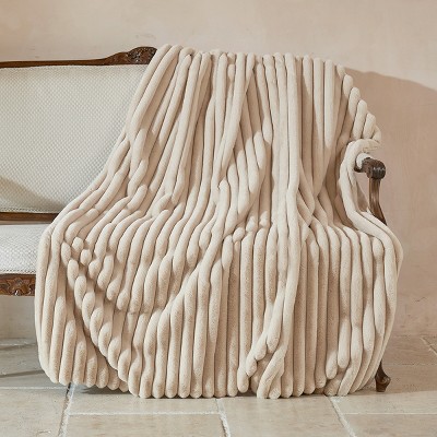 Amelie Home Soft Faux Fur Throw Blanket, Faux Rabbit Fur Striped Throw Blanket