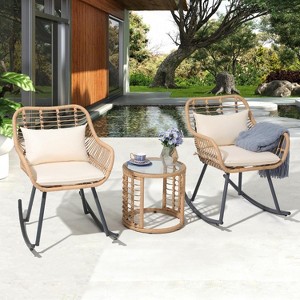 SUGOLD 3-Piece Outdoor Rocking Chair Set, PE Wicker Patio Furniture with White Cushions & Glass Coffee Table - 1 of 1