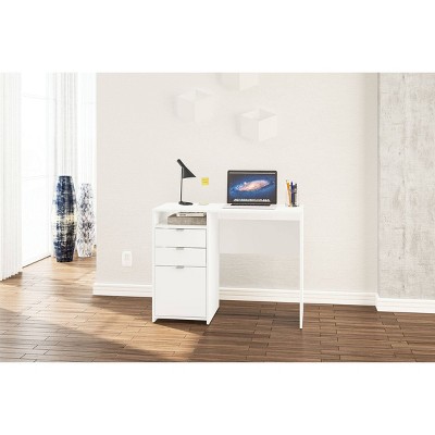 White Compact Writing Desk with Drawers and Shelf
