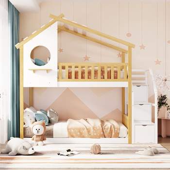 House Shape Twin-Over-Twin Double Bunk Bed with Storage Stairs - ModernLuxe