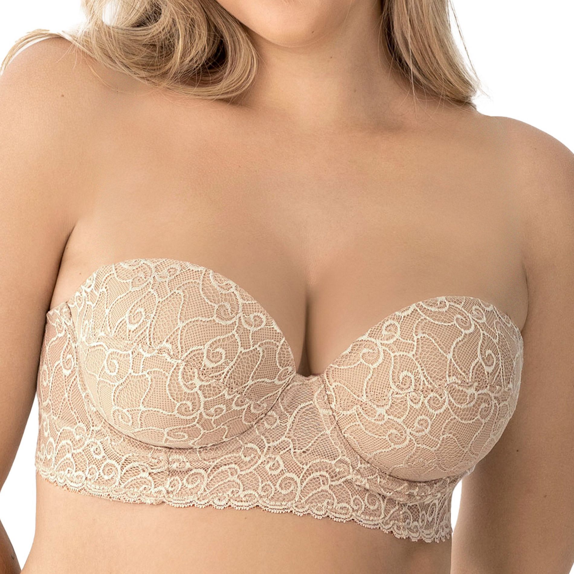 LeSensuel Laced Balconette Push-Up Strapless Bra Wide Underbust Band Womens Bras - Beige 36B
