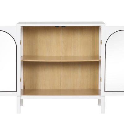 White and Light Oak Glass Door Storage Cabinet with Brass Handles