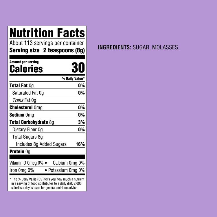 Nutrition label showing 30 calories per serving with ingredients listed as sugar and molasses.