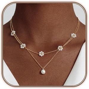 HTUTWOO Gold Pearl Necklaces for Women,14K Gold Plated Dainty Layered Pearl, Cute Daisy Pearl Choker Gold Necklace Gifts for Women Gold Trendy Gifts - 1 of 4