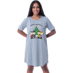 Peanuts Women's Happy Holidays Character Charlie Brown Snoopy Lucy Linus Sally Christmas Nightgown Pajama Shirt Grey - 1 of 3