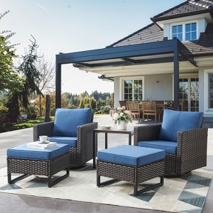 POCASSY Patio Wicker Rattan Swivel Rocking Glider Chair Set of 2 with Ottoman and Side Table, 5 Piece All Weather Brown Wicker Patio Furniture Set - 1 of 4