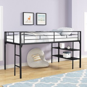 Low Loft Bed Saving Space Beds Frame, No Spring Box Needed, Stainless Steel Loft Bed With Storage Shelves Ladder Guardrail, Black 3.4Feet - 1 of 4