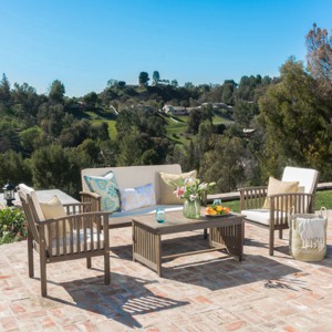 4-Piece Acacia Wood Outdoor Chat Set with Loveseat, Club Chairs and Coffee Table for Patio or Deck-Baofuwish - 1 of 4