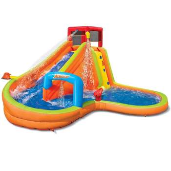 Banzai Lazy River Inflatable Outdoor Backyard Adventure Water Park Slide and Splash Pool with 2 River Rings, Air Motor, and Anchor Bags