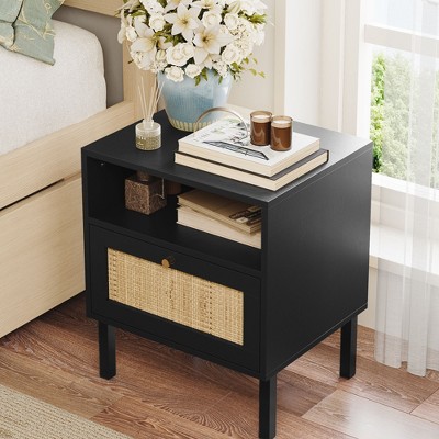 Angel Sar Rattan Night Stand Set 2, Boho Black Nightstands Set of 2