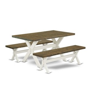 HomeStock 3-Piece Rectangle Distressed Jacobean Finish Solid Wood Top Dining Table with 2-Benches - 1 of 4
