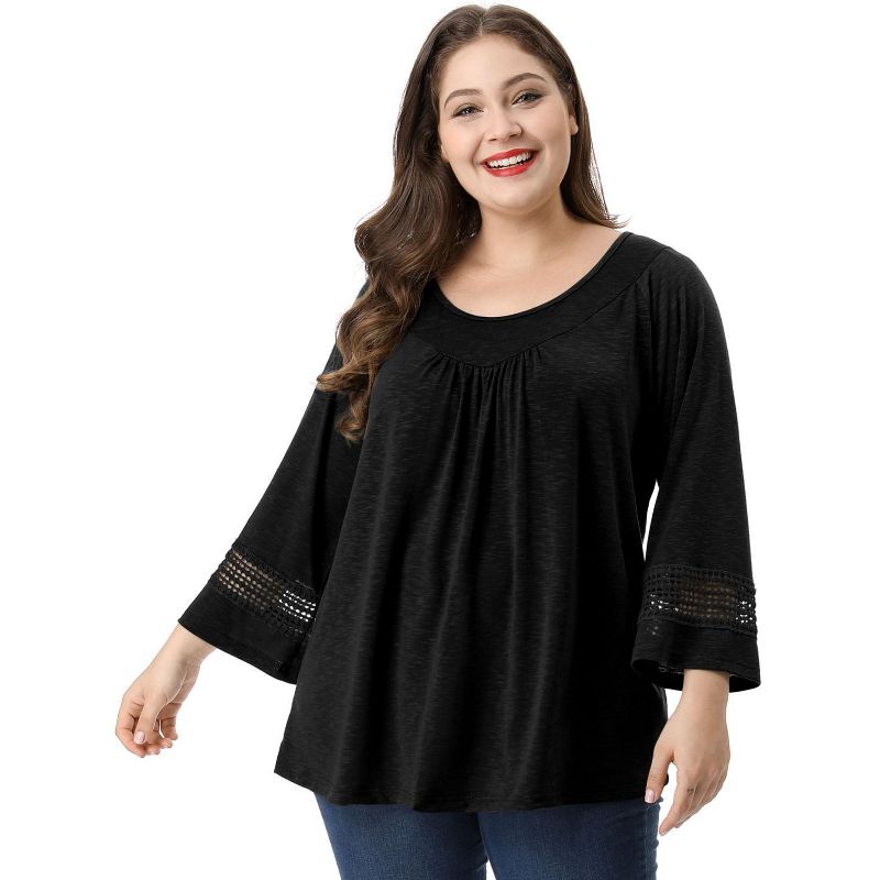Agnes Orinda Women's Plus Size Crochet Panel Long Sleeves Ruched Front Casual Blouses, 3 of 8