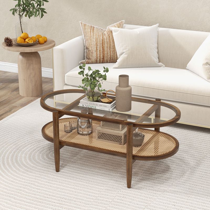 Tangkula 2-Tier Acacia Wood Coffee Table Mid-Century Modern Rectangular Center Table with Glass Tabletop and Imitation Rattan Storage Shelf, 3 of 8