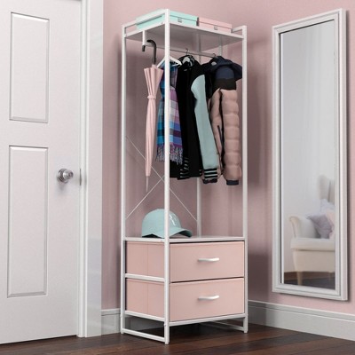Pink and White Portable Steel Clothing Rack with Wood Top and Drawers