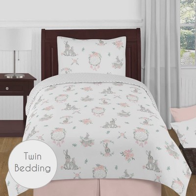 Gray and Pink Microfiber Bunny Floral 4-Piece Crib Bedding Set