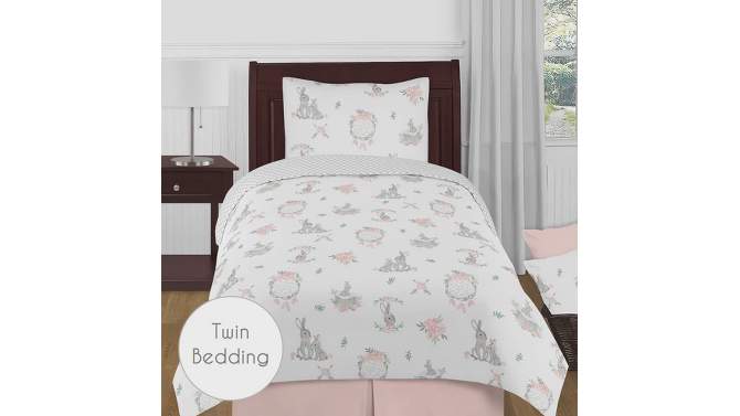 Sweet Jojo Designs Full/Queen Comforter Bedding Set Bunny Floral Pink Grey and White 3pc, 2 of 8, play video