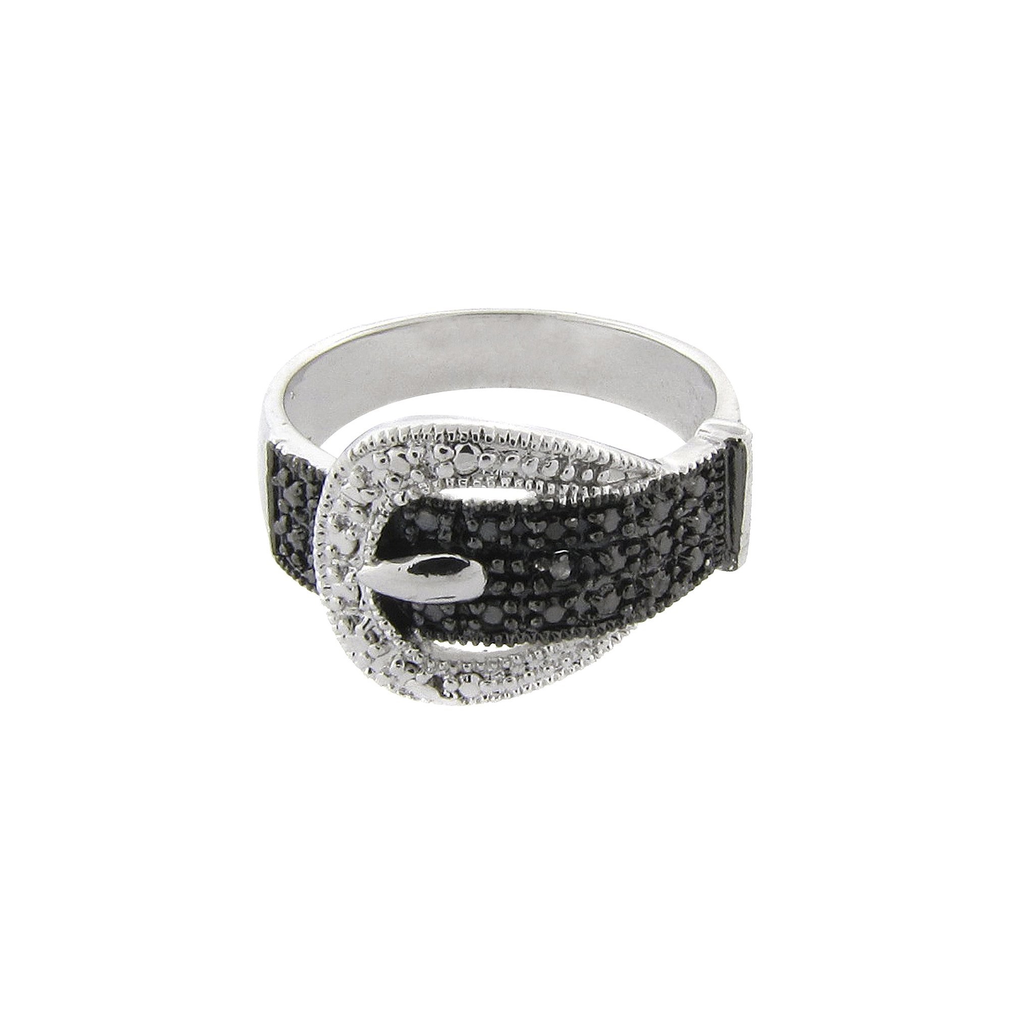 Black/White Diamond Buckle Ring - Size 8, Women's, Silver