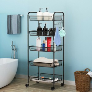 Costway 5 Tier Storage Rack Trolley Cart Home Kitchen Organizer Utility Baskets Black - 1 of 4