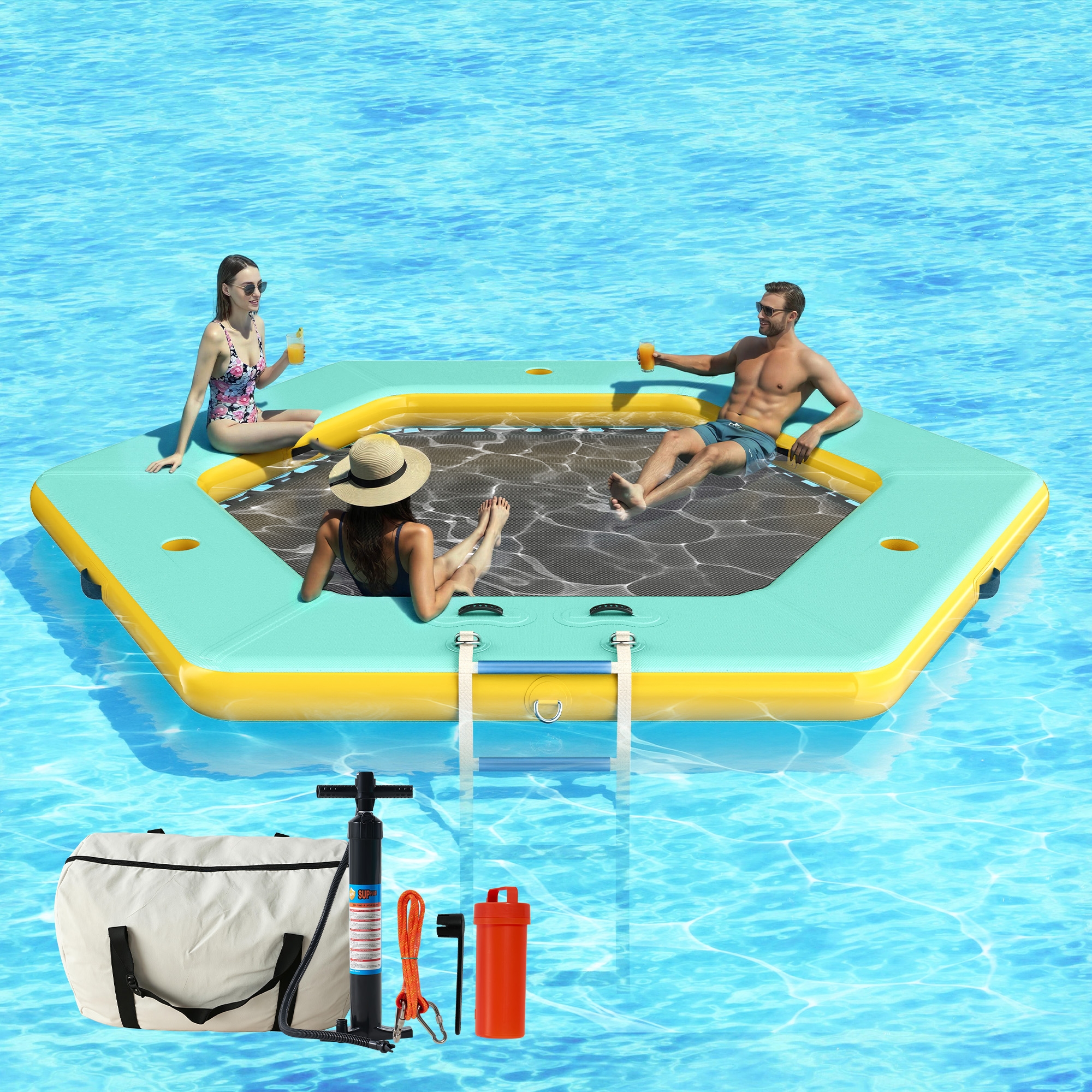 AMERLIFE 12 FT Inflatable Water Hammock with Mesh Platform, Soft Ladder, Heavy-Duty PVC, Hexagon