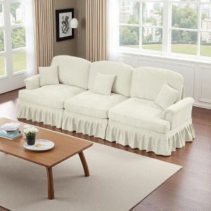 Elegant Mid-Century 3-Seater Chenille Sofa with Flared Arms, Skirt & Spindle Legs - 1 of 4