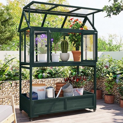 Outdoor Garden Cold Frame, Mini Greenhouse with Movable Wheels, Cold Frame with Openable Roof and Storage Box, Wood Cold Frame-Coolbibila