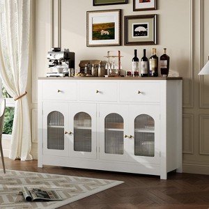 White Farmhouse Large Buffet Sideboard Cabinet with Four Doors Three Drawers Adjustable Shelves and Fluted Acrylic Doors White - 1 of 4