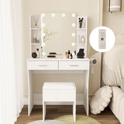 Vanity Desk with LED Lighted Mirror and 3 Adjustable Lights,  Makeup Vanity with Storage Stool, 2 Large Drawers and 4 Open Shelves