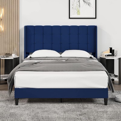 Homhougo Full Platform Bed Frame with Upholstered Headboard and Wingback, Button Tufted Design, Easy Assembly, Dark Blue