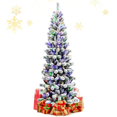 Tangkula Pre-lit Snow Flocked Christmas Pine Tree, Hinged Artificial Xmas Tree W/ Remote-controlled Multi-Color Lights