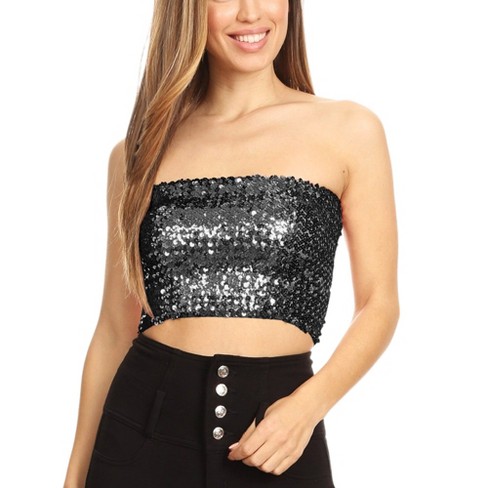 Anna kaci Women s Strapless Glitter Sequin Sparkle Bandeau Large x Large Black Target