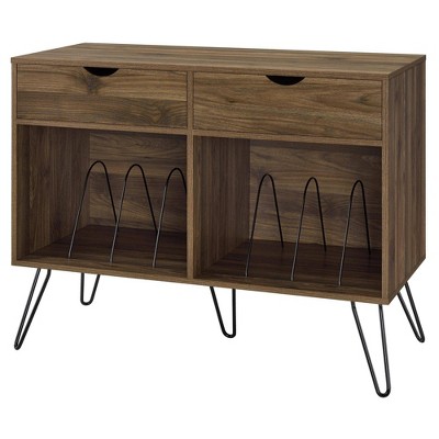 Mid-Century Walnut Turntable Stand with Hairpin Legs and Storage