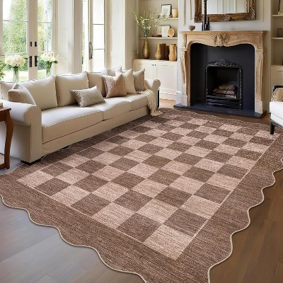 Washable Kitchen Rug, Non-Slip Low Pile Scalloped Checkerboard Farmhouse Entryway Mat, Soft Neutral Area Rug
