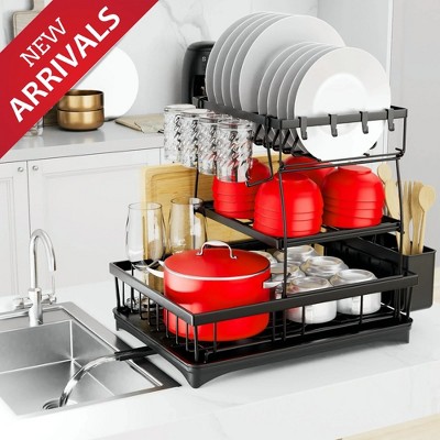 DOMETOUR Dish Racks for Kitchen Counter - Stainless Steel Dish Drying Rack with Drainboard, Detachable Dish Drainers with Utensil Holders