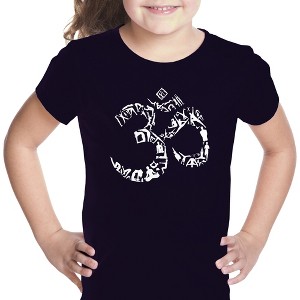 LA Pop Art Girl's Word Art T-shirt - THE OM SYMBOL OUT OF YOGA POSES - 1 of 4