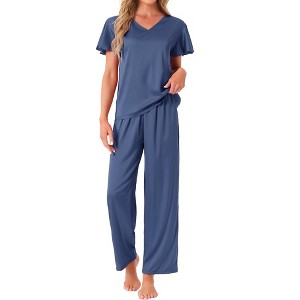 INSPIRE CHIC Women's Sliky Satin Loungewear Ruffle Short Sleeve Tops and Long Pants Pajama Sets - 1 of 4