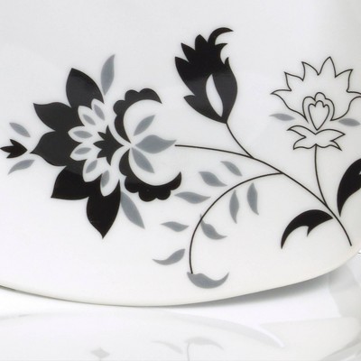 Rebecca Square White and Black Floral Porcelain Dinnerware Set, Service for 4