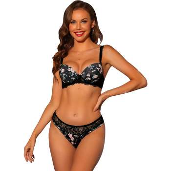 Allegra K Women's Push Up Adjustable Straps Padded Floral Lace Underwired Bras and Panties