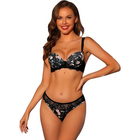 Allegra K Women's Push Up Adjustable Straps Padded Floral Lace Underwired  Bras And Panties Black Floral 38e : Target
